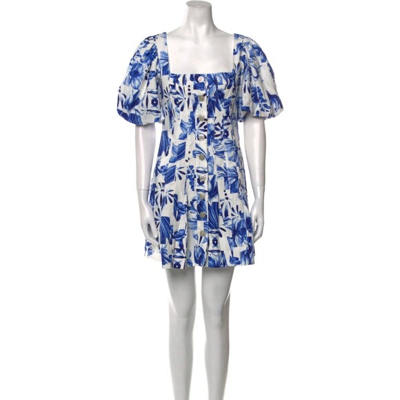 Caroline Constas womens Linen Short Mini Dress size 6 White & Blue Floral Button - Picture 4 of 9